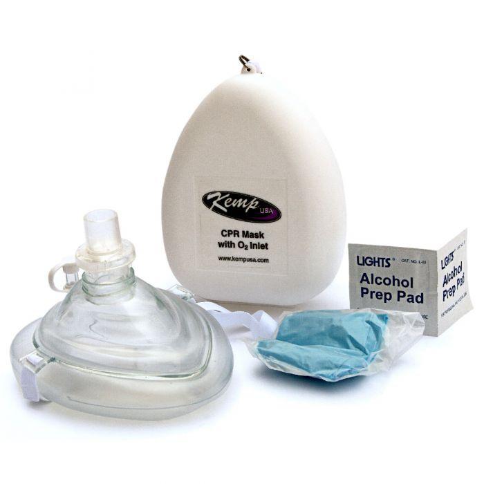 Kemp USA CPR Mask w/ O2 Inlet, Headstrap, Gloves, And Wipes